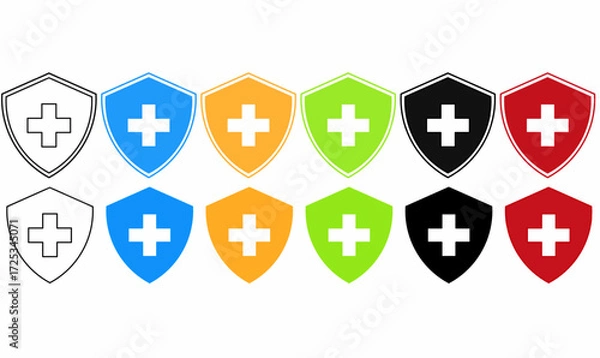 Fototapeta Vector set of medical shield icons with white cross in center, multicolor design. Symbol of health, protection, safety, insurance, emergency, and care services.