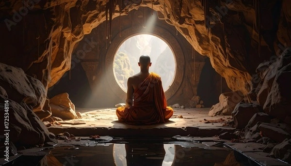 Fototapeta Monk meditates in cave bay