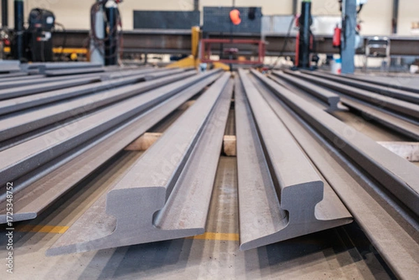 Fototapeta Steel railway rails stacked in industrial workshop, close-up of metal production and manufacturing process in factory environment
