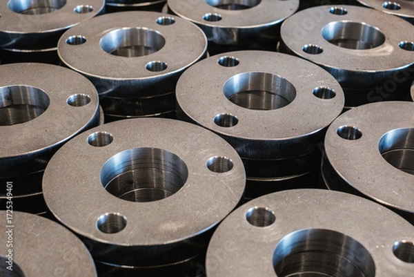 Fototapeta Stack of Metal Flanges in Industrial Workshop, Precision Steel Components for Mechanical Engineering and Manufacturing Production