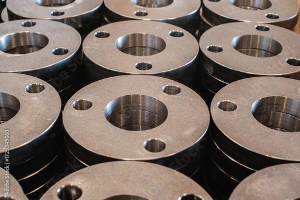 Fototapeta Stack of precision-machined metal flanges, circular steel components for industrial pipeline or mechanical assembly applications