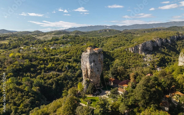 Fototapeta Drone view of Katskhi Pillar, a monastery built on a tall rock in Georgia