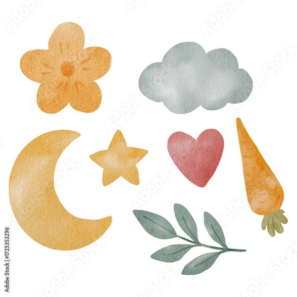 Fototapeta Watercolor baby set with moon star cloud heart leaf raspberry and carrot elements for kids products and design