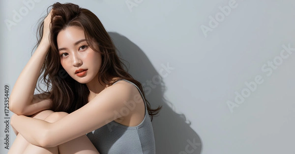 Fototapeta ナチュラルな美しさの女性が床に座るビューティーポートレート