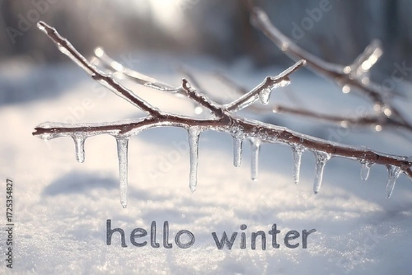 Fototapeta Sparkling ice covered branches greet the arrival of winter on a snowy landscape, showcasing the beauty of nature in its frosty splendor