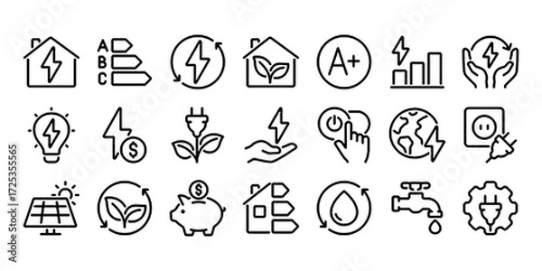 Obraz Energy saving and efficiency editable stroke outline icons set isolated on white background flat vector illustration. Pixel perfect.