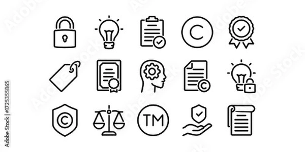 Obraz Copyright, trademark, brand, patent, intellectual property and trade secret concept editable stroke outline icons set isolated on white background flat vector illustration. Pixel perfect.