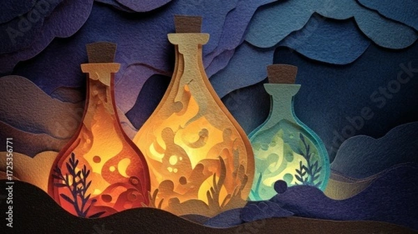 Fototapeta Paper Cut Bubbling Potion Bottles with Glowing Liquids