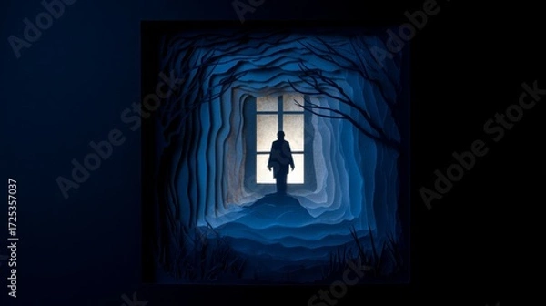 Fototapeta Paper Cut Creepy Window Silhouette with Shadowy Figure
