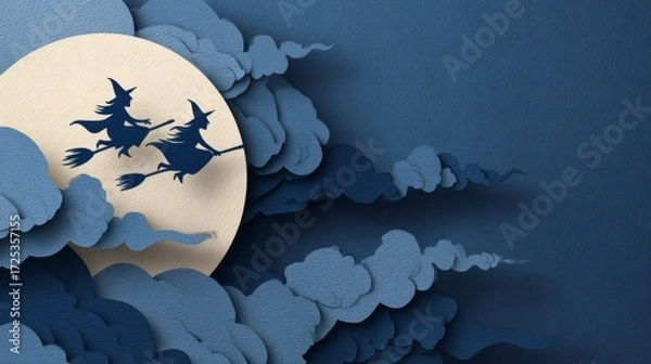 Fototapeta Paper Cut Full Moon with Flying Witches and Clouds