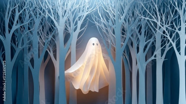Fototapeta Paper Cut Ghost Floating in Forest of Bare Trees
