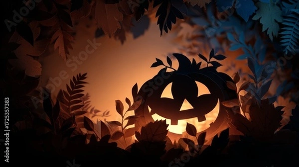 Fototapeta Paper Cut Jack-o’-Lantern with Autumn Leaves and Glow