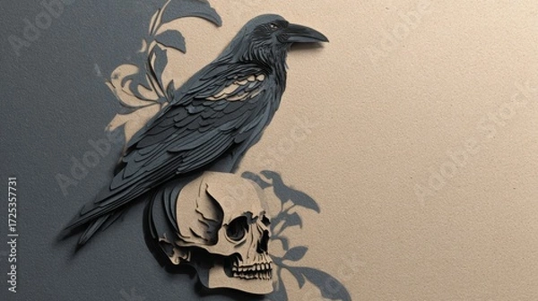 Fototapeta Paper Cut Raven on Skull with Misty Gothic Background