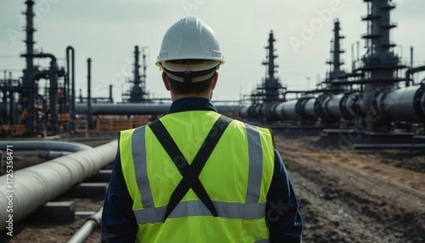 Fototapeta Engineer in safety vest and helmet at oil refinery pipelines