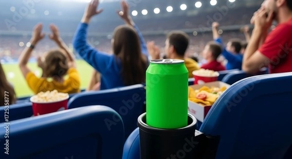 Obraz Excited fans at a stadium with a drink and popcorn.