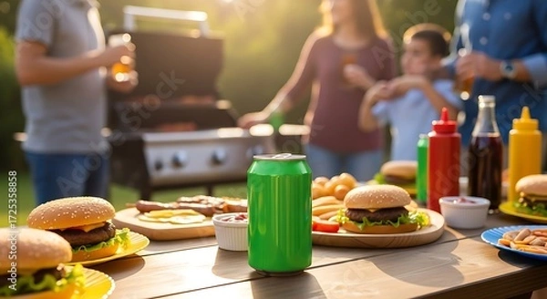 Obraz Family enjoying a summer backyard barbecue party with food on the table.