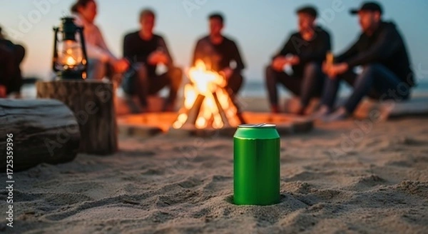 Obraz Green beverage can on a sandy beach with friends around a campfire.