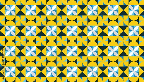 Obraz Yellow and Blue Seamless Geometric Pinwheel Pattern – Modern Abstract Background. A seamless geometric pattern in yellow, blue, and black.