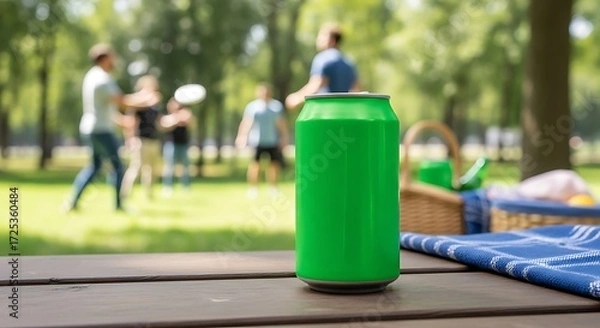 Obraz Green can of beverage at picnic in park.