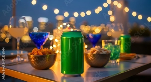 Obraz Green Beverage Can on a Table with Food and Drinks.