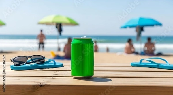 Obraz Green can on a wooden table at the beach with flip-flops and sunglasses.