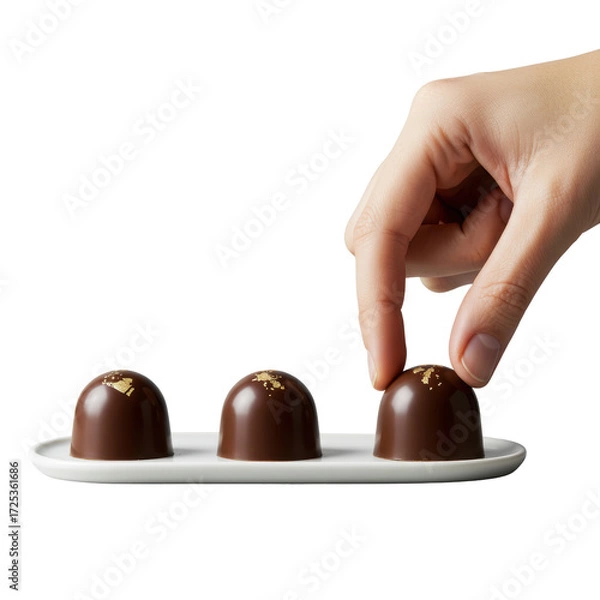 Fototapeta Refined hand selecting an exquisitely crafted dark chocolate truffle with gold leaf from a row on a white plate, isolated on a transparent background, macro, shallow depth of field, concept of luxury