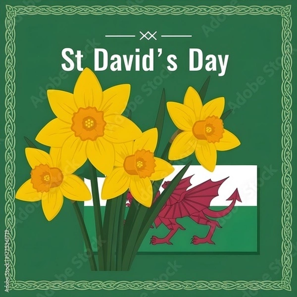 Fototapeta St David’s Day Illustration with Daffodils and Welsh Flag