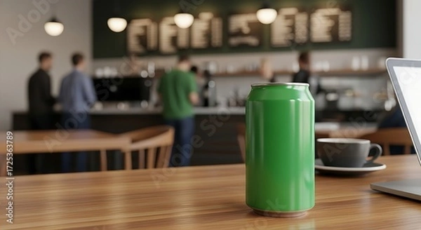 Obraz Green Soda Can on Wooden Table in Busy Cafe.