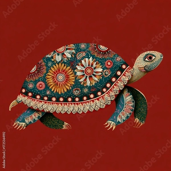 Fototapeta Colorful tribal turtle illustration with floral and geometric ornaments, decorative boho art design symbolizing culture, mythology, and nature in detailed traditional artwork.