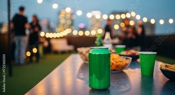 Obraz Rooftop Party Scene - Green Can, Cups, Snacks, and String Lights.