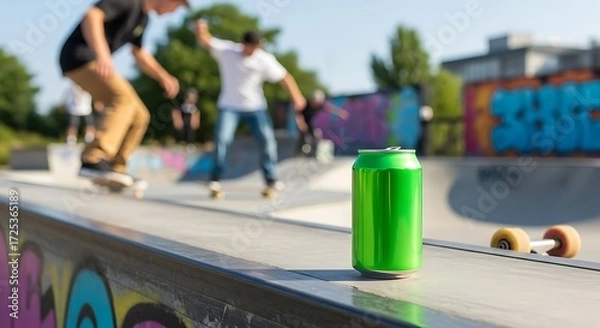 Obraz Skatepark Scene with a Green Soda Can.