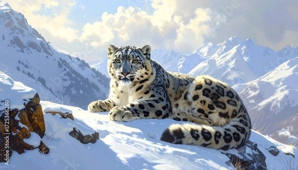 Fototapeta Snow leopard rests on snow