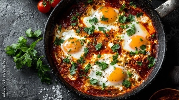 Fototapeta Delicious shakshuka featuring poached eggs in a rich tomato sauce, garnished with fresh herbs, served in a pan, ideal for food lovers and culinary presentations