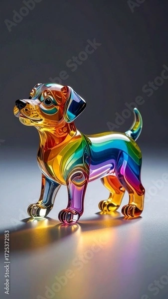 Obraz A beautiful and colorful puppy figurine made of rainbow-colored glass or crystal. The transparent dog statue creates vibrant reflections in a clean studio setting.