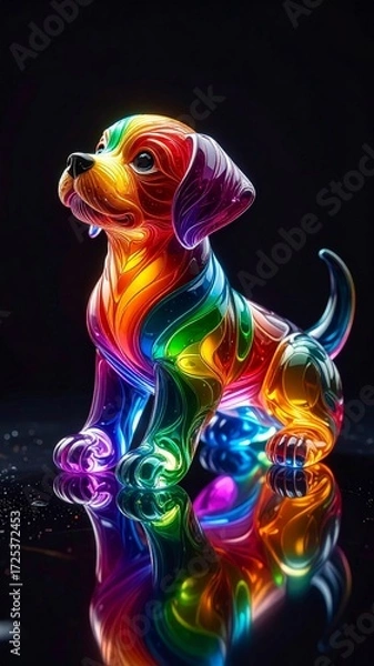 Obraz A beautiful and colorful puppy figurine made of rainbow-colored glass or crystal. The transparent dog statue creates vibrant reflections in a clean studio setting.