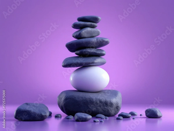 Fototapeta Serene Stacked Stones A 3D Render of Balanced Rocks and a White Sphere on Purple Background