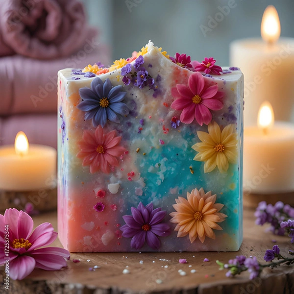 Fototapeta Glass bottles of essential oils, dried herbs, rolled towels, and scattered petals