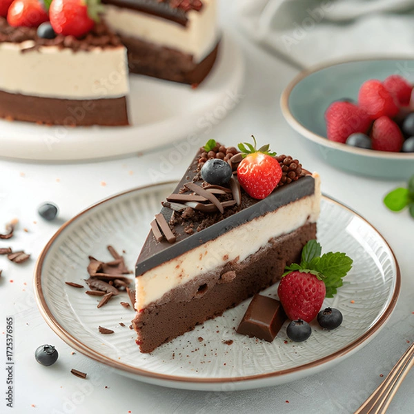 Fototapeta Slice of chocolate or vanilla cake on a plate, garnished with berries and chocolate shavings