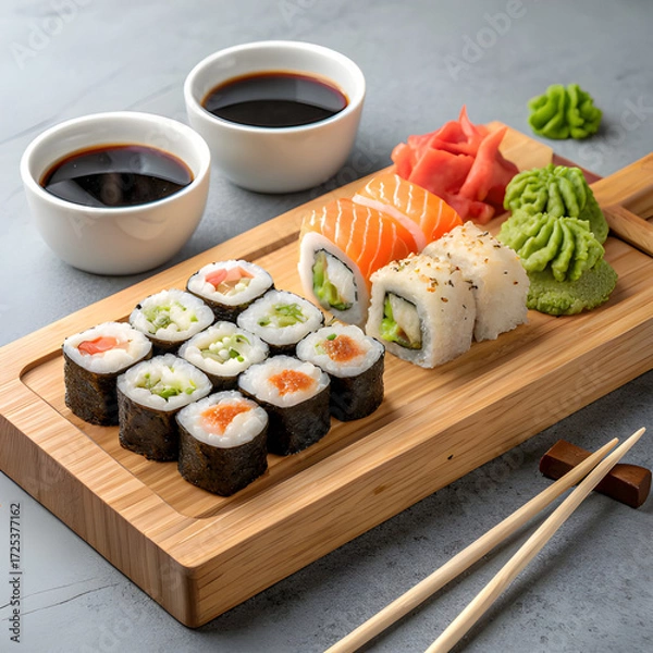 Fototapeta Assorted sushi rolls arranged beautifully on a wooden board with wasabi, ginger, and soy sauce, styled with chopsticks.