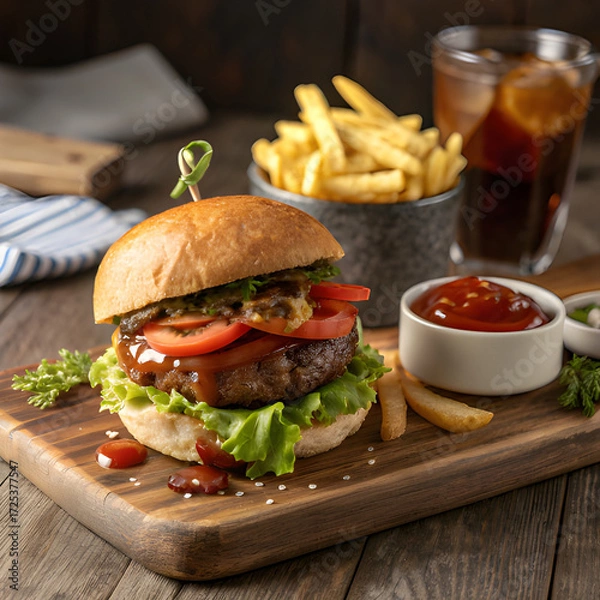 Fototapeta Juicy cheeseburger with fresh lettuce, tomato, and sauce, served with crispy fries