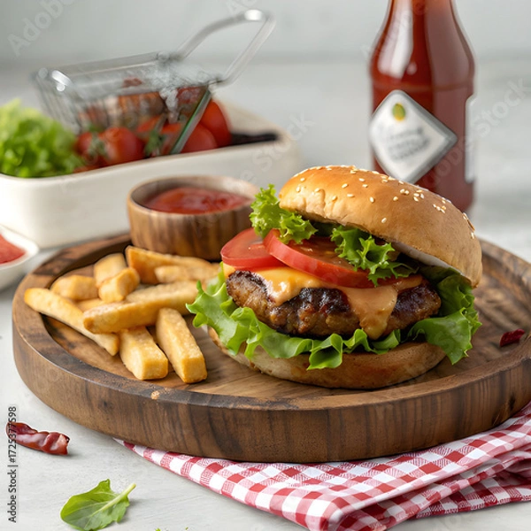 Fototapeta Juicy cheeseburger with fresh lettuce, tomato, and sauce, served with crispy fries
