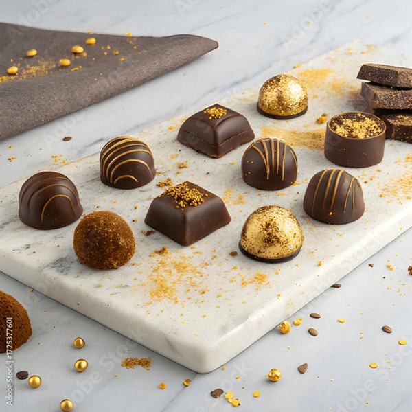 Fototapeta Assorted handmade chocolate truffles on a marble slab, decorated with edible gold dust and cocoa powder