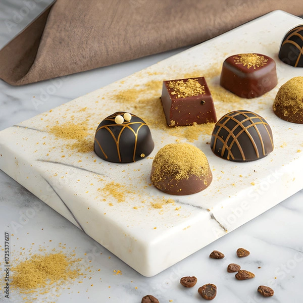 Fototapeta Assorted handmade chocolate truffles on a marble slab, decorated with edible gold dust and cocoa powder
