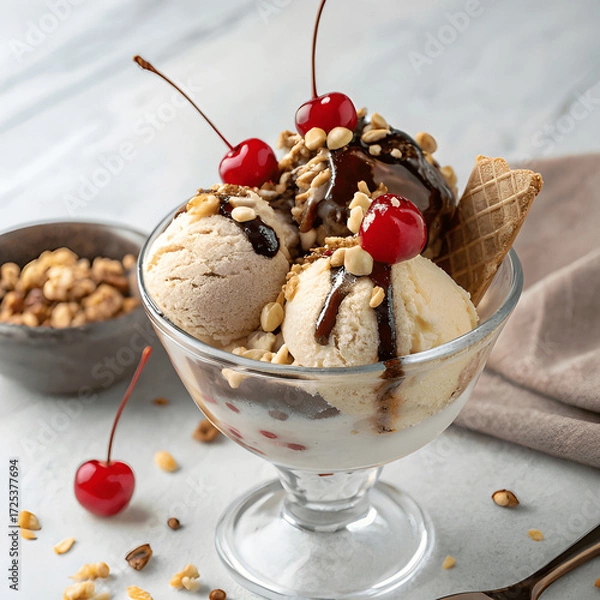 Fototapeta Triple scoop ice cream sundae in a glass cup, topped with chocolate drizzle, nuts, and cherries