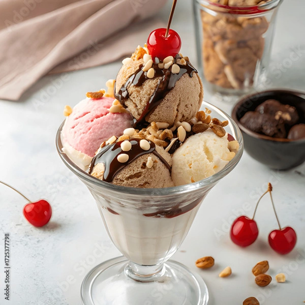 Fototapeta Triple scoop ice cream sundae in a glass cup, topped with chocolate drizzle, nuts, and cherries