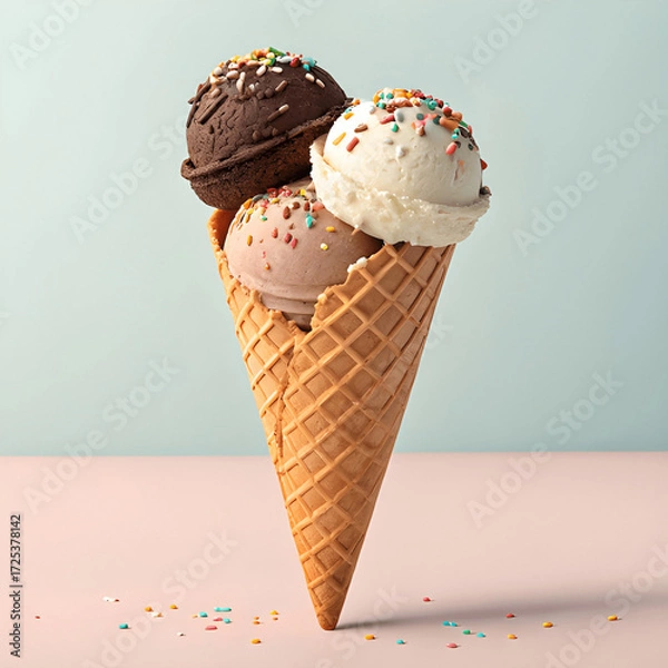 Fototapeta Triple-scoop ice cream in a waffle cone, chocolate and vanilla with sprinkles