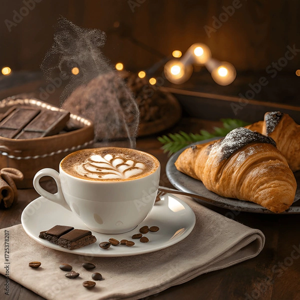 Fototapeta Cup of cappuccino with latte art paired with croissant or chocolate pastry