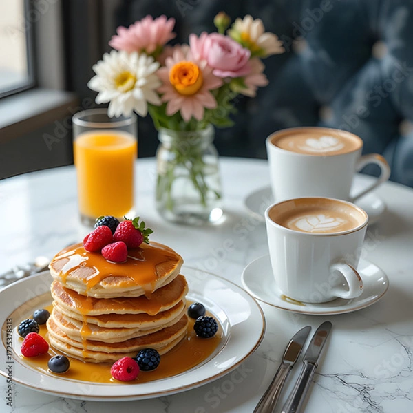 Fototapeta Stacked pancakes with syrup and fresh berries, alongside a cappuccino