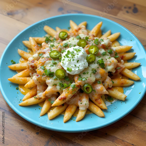 Fototapeta golden fries topped with melted cheese, jalapeños, sour cream, and fresh herbs