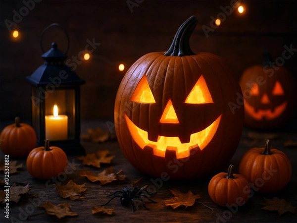 Fototapeta Glowing jack-o'-lantern with candlelight, autumn leaves, and small pumpkins on a wooden table. Cozy Halloween atmosphere with lantern and warm fairy lights.
